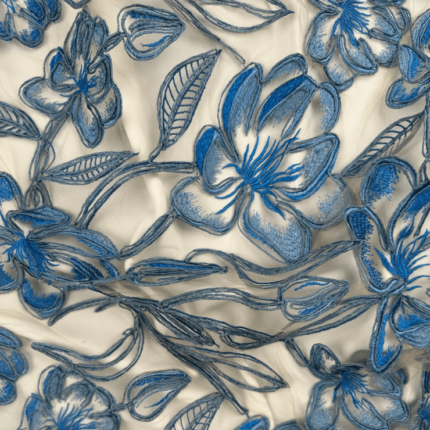 Blue Artisanal Tulle with Embroidery and Raffia Cord Detail