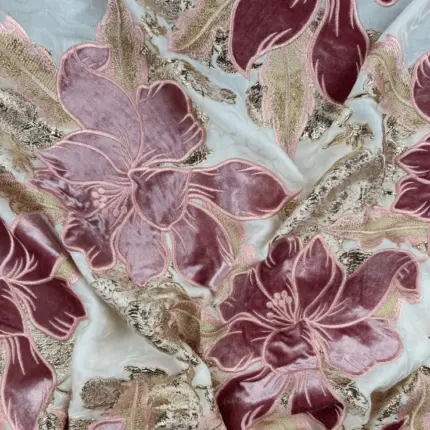 Red Opulent Lace with Embroidery and Velvet Appliqué