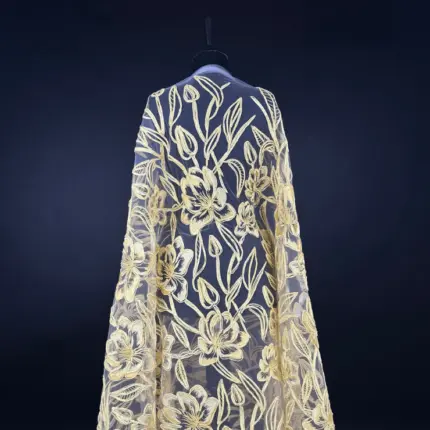 Golden and Blue Artisanal Tulle with Embroidery and Raffia Cord Detail