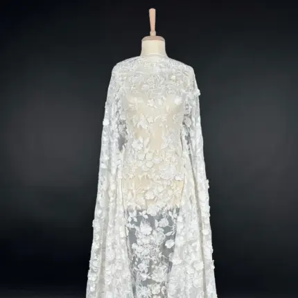 Off White Bloom Tulle with Floral Embroidery and 3D Flowers