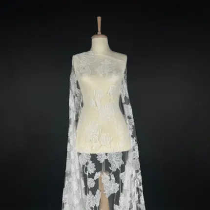 Off White Floral Harmony Tulle with Embroidered Flowers
