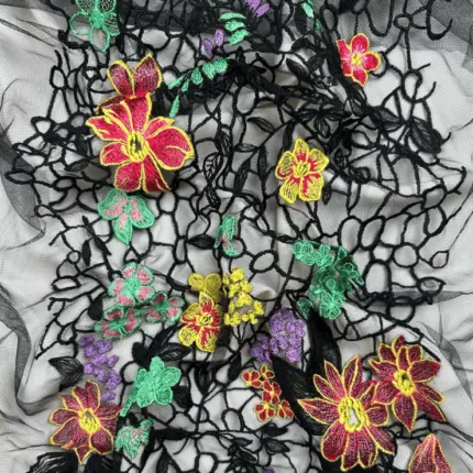 Transparent Tulle with yellow, green and russet floral Embroidery